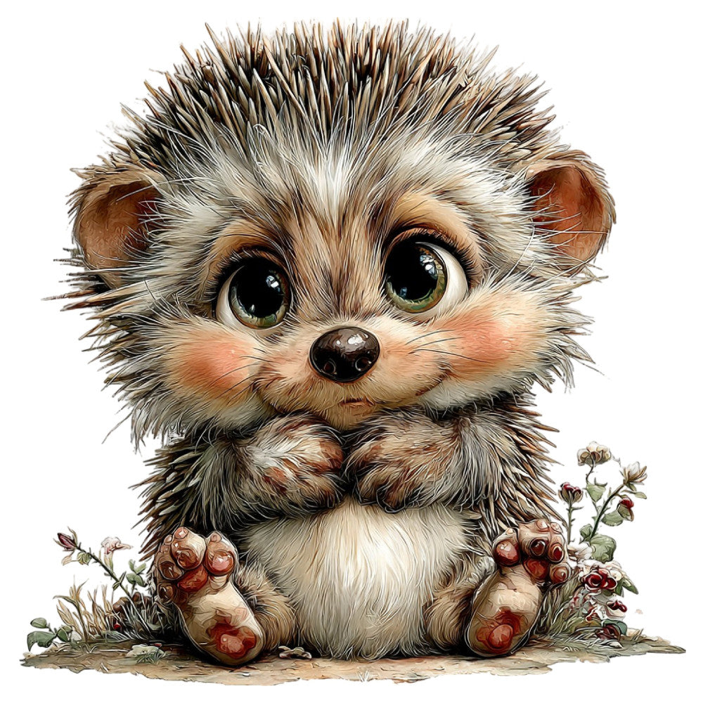 cute animal, woodland creature, hedgehog, whimsical, fantasy, adorable, big eyes, brown, cream, tan, beige, forest green, rosy cheeks, furry, fluffy, nature, garden, flowers, roses, spring, children, kid-friendly, nursery, baby quilt, wall hanging, storybook, illustration, magical, charming, playful