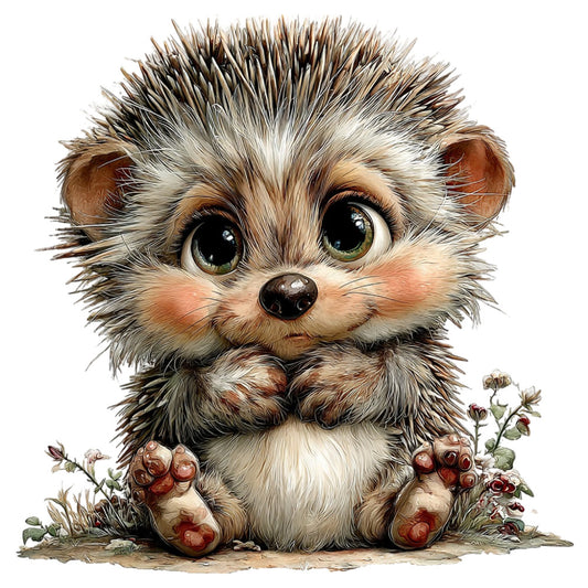 cute animal, woodland creature, hedgehog, whimsical, fantasy, adorable, big eyes, brown, cream, tan, beige, forest green, rosy cheeks, furry, fluffy, nature, garden, flowers, roses, spring, children, kid-friendly, nursery, baby quilt, wall hanging, storybook, illustration, magical, charming, playful