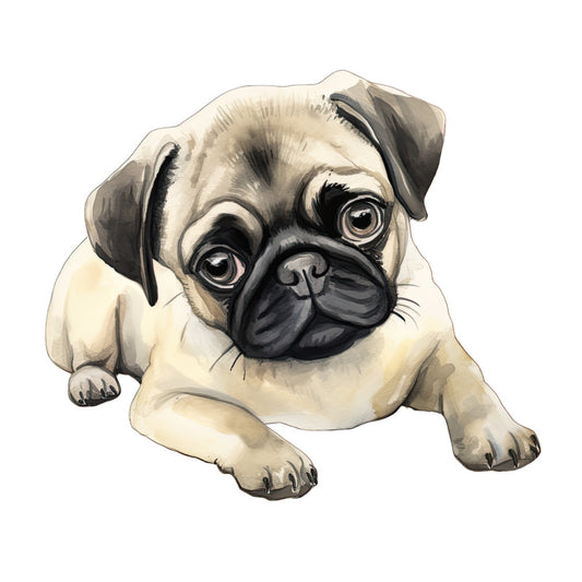 Watercolor Pug Fabric Panel 32 featuring a detailed hand-painted pug laying down on premium quilting cotton fabric.