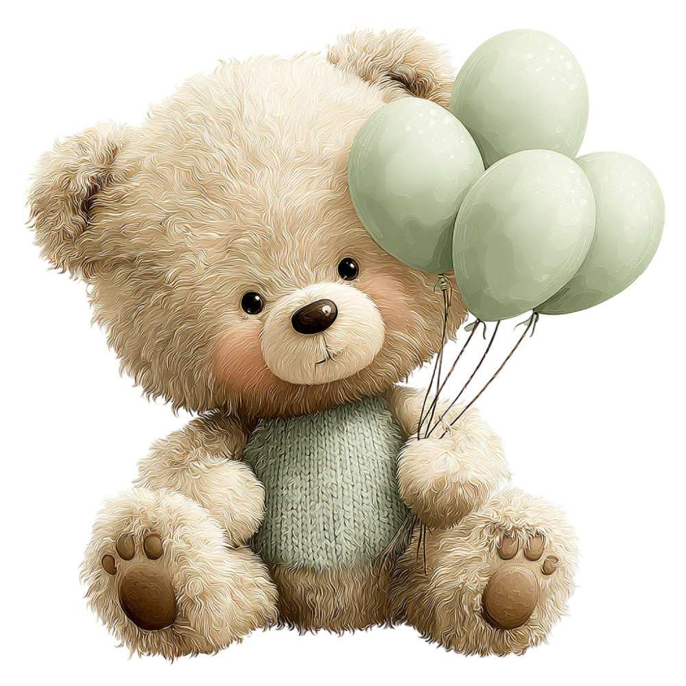 teddy bear, cute animals, whimsical, soft green, cream, beige, tan, light sage green, balloons, nursery, baby, children's, adorable, playful, gentle, sweet, pastel colors, illustration style, storybook, tender, endearing, baby boy, baby girl, neutral colors, spring, soft aesthetic, charming, innocent