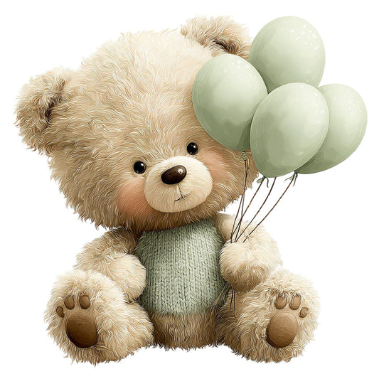 teddy bear, cute animals, whimsical, soft green, cream, beige, tan, light sage green, balloons, nursery, baby, children's, adorable, playful, gentle, sweet, pastel colors, illustration style, storybook, tender, endearing, baby boy, baby girl, neutral colors, spring, soft aesthetic, charming, innocent