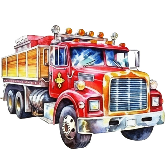 red fire truck, vintage vehicle, emergency truck, bright red, yellow accents, orange lights, blue windshield, chrome details, rescue vehicle, fabric panel, quilting cotton, transportation theme, retro illustration, watercolor style, fire department, truck cab, ladder truck, automotive design, children's fabric, nostalgic artwork