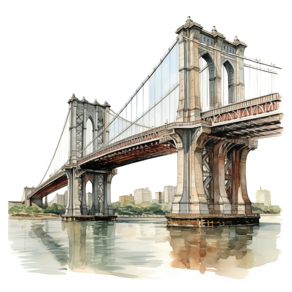 brooklyn bridge, architectural, cityscape, urban landscape, suspension bridge, new york, landmark, beige, tan, cream, light blue, sage green, rust brown, copper, water reflection, vintage architecture, classic, elegant, nostalgic, timeless, traditional, structural design, engineering, historic, monumental, bridge motif, waterfront, scenic, travel themed, americana