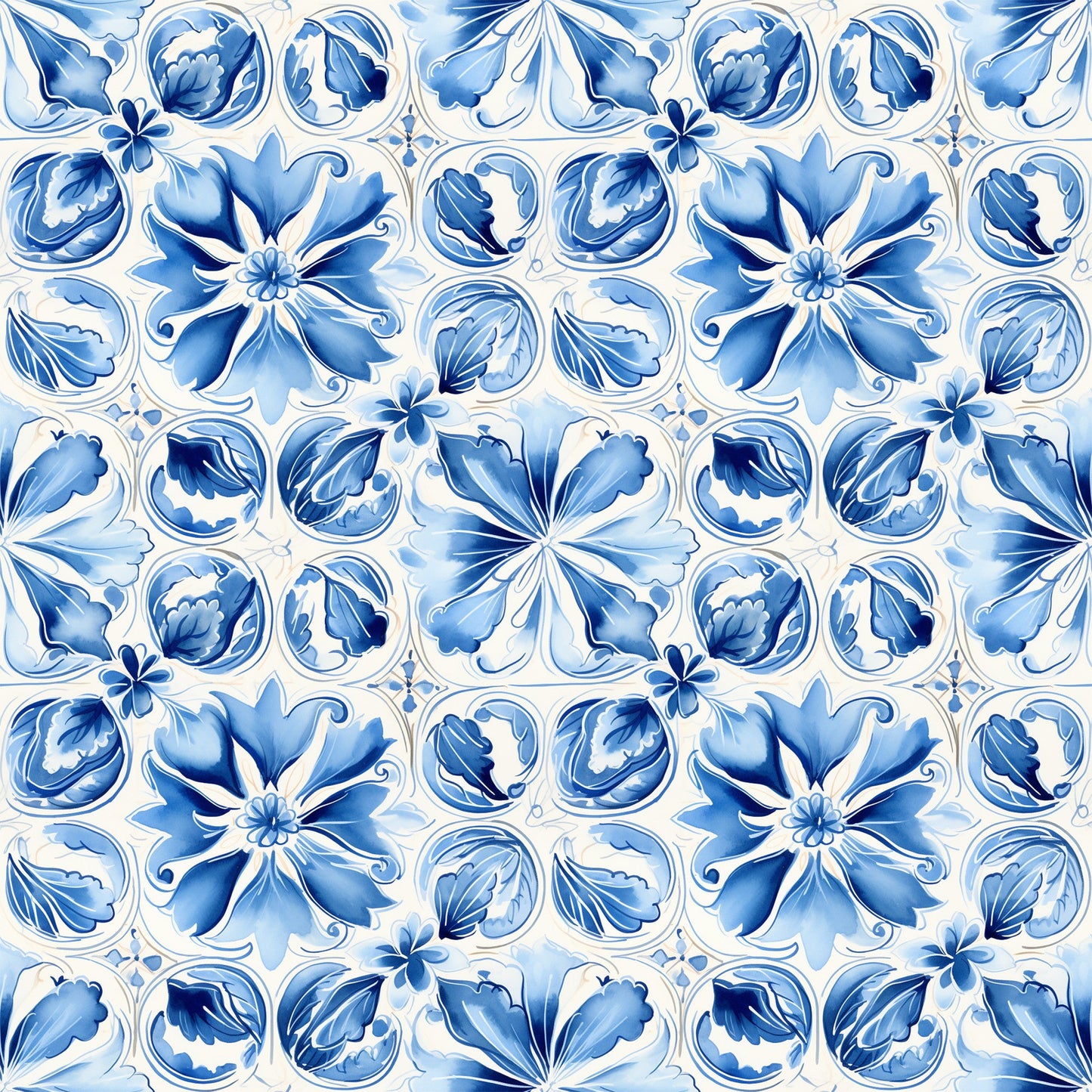 Blue Handpainted Tiles Pattern 2 Quilting Cotton Fabric