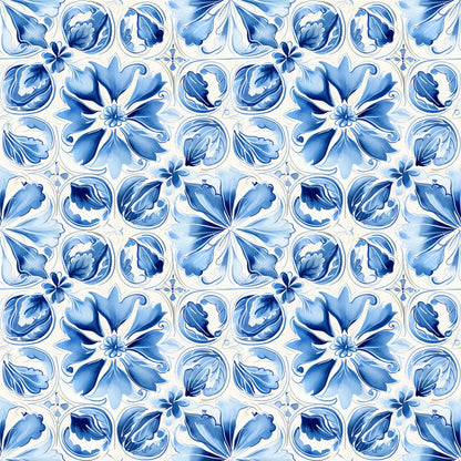 Blue Handpainted Tiles Pattern 2 Quilting Cotton Fabric