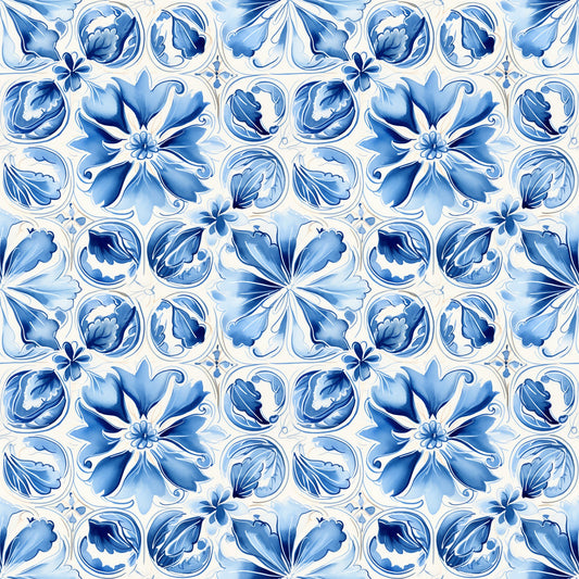 Blue Handpainted Tiles Pattern 2 Quilting Cotton Fabric