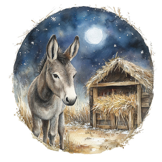 donkey, nativity, christmas, winter, night sky, full moon, stars, celestial, farmhouse, rustic, barn, hay, manger, religious, traditional, whimsical, navy blue, cream, golden brown, tan, vintage, peaceful, calm, animals, farm animals, holiday, nativity scene, starry night, snowy, straw