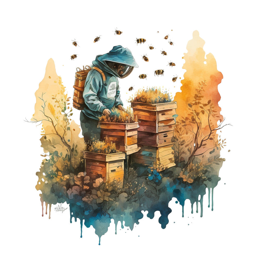 watercolor style, beekeeper, protective suit, honey bees, beehives, wooden boxes, teal blue, golden yellow, orange hues, nature scene, apiary, fabric panel, quilting cotton, botanical elements, autumn colors, dripping paint effect, artisan illustration, buzzing bees, honey production, outdoor scene