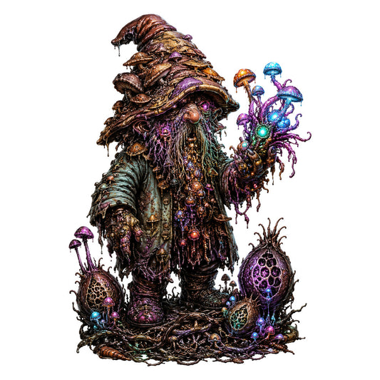 fantasy wizard, magical mushrooms, dark fantasy, purple, gold, bronze, copper, teal, jewel tones, glowing orbs, whimsical, gothic, steampunk, mystical, enchanted, bioluminescent, jellyfish, mushroom motifs, dark academia, celestial, ethereal, nature-inspired, iridescent, magical creatures, dark whimsy, ornate, baroque, vintage mystique, spell-casting, potion master