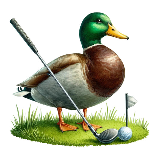 duck, mallard, golf, sports, animal, green head, yellow bill, brown chest, gray body, nature, whimsical, playful, humorous, novelty, golf club, golf ball, flag, outdoor, leisure, recreation, emerald green, golden yellow, burnt orange, sage green, cream, vintage style, traditional, cute, decorative, landscape