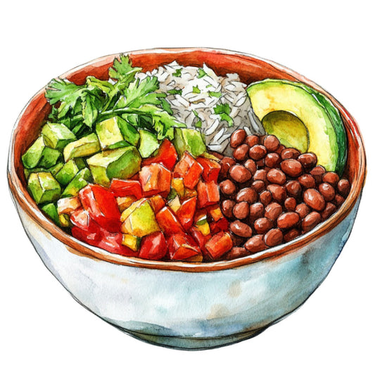 bowl design, food illustration, healthy eating, rice bowl, avocado, red peppers, brown beans, fresh vegetables, kitchen art, recipe theme, culinary, food art, cream white, terracotta red, sage green, earth tones, natural colors, botanical, farm to table, wellness, nutritious, modern illustration, contemporary art, home decor, kitchen textile, farmhouse style, rustic aesthetic, organic theme