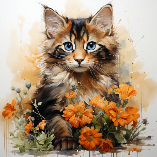 Watercolor Cats with Flowers Fabric Panel 6 showing a detailed kitten surrounded by vibrant orange flowers on premium quilting cotton.