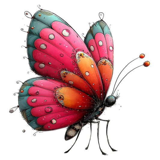 butterfly, pink, coral, orange, teal, turquoise, red, whimsical, nature, insects, wings, spotted, polka dots, spring, summer, fantasy, children's, playful, vibrant, colorful, artistic, illustration, stylized, modern, decorative, nursery, baby, cute, detailed, gradient coloring