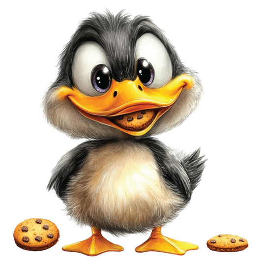 whimsical duck, chocolate chip cookies, orange beak, gray feathers, brown belly, purple eyes, cute animal, cartoon style, playful design, fabric panel, quilting cotton, children's fabric, nursery theme, adorable character, soft colors, kawaii style, duck illustration, cookie lover, charming motif