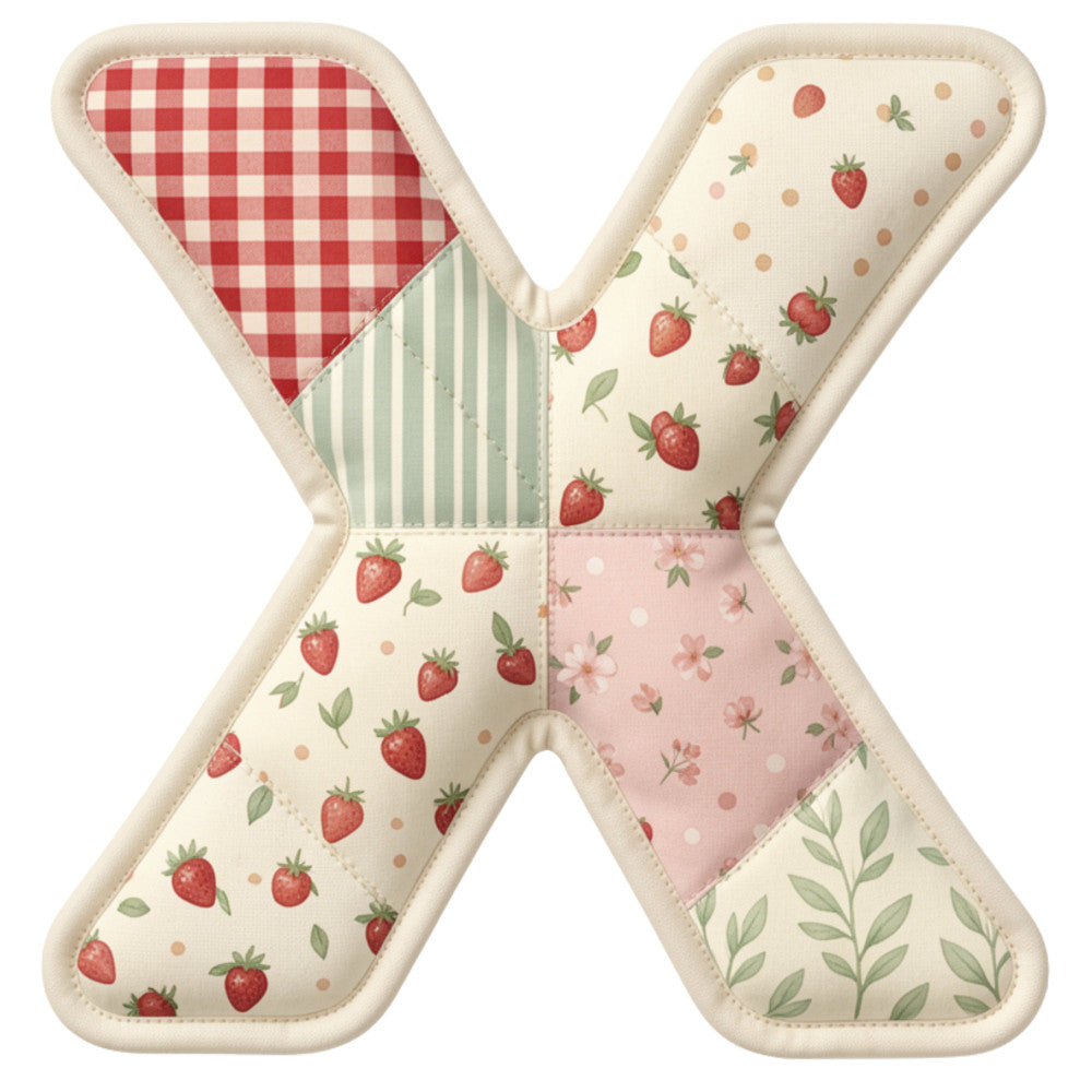 red gingham, cream, sage green, dusty pink, strawberry print, floral, striped, gingham check, vintage, farmhouse, cottage core, spring, summer, nature themed, berries, leaves, botanical, traditional, whimsical, rustic, patchwork, letter x, alphabet panel, baby quilt, children's fabric, kitchen textile, table runner, wall hanging, country style, garden theme