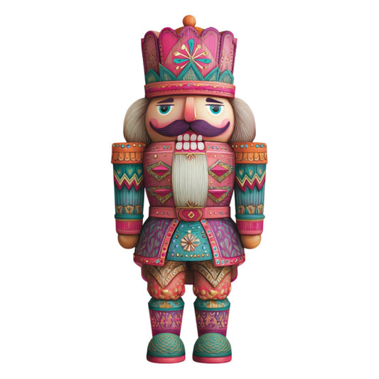 nutcracker, holiday, christmas, whimsical, toy soldier, magenta, teal, coral, cream, gold, geometric patterns, ornamental, decorative, traditional, festive, beaded details, embellished, folk art, vintage toy, winter, novelty print, dimensional, colorful, jewel tones, ethnic inspired, retro, playful, wall hanging, home decor