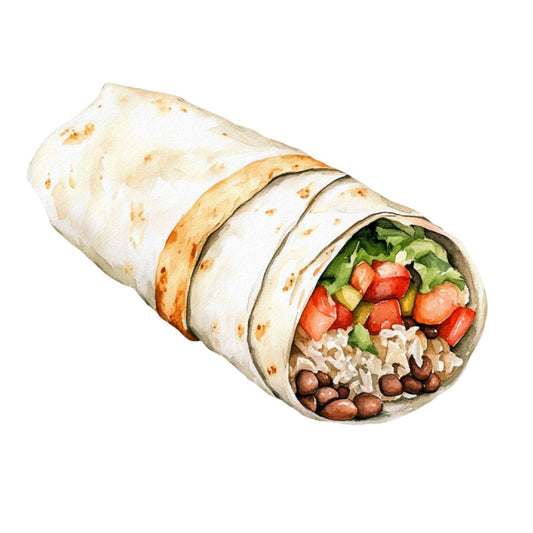 burrito, wrap, food, cuisine, kitchen, culinary, rice, beans, vegetables, red pepper, lettuce, tortilla, beige, tan, cream, brown, food illustration, realistic, detailed, culinary art, dining, recipe, lunch, dinner, meal, foodie, kitchen decor, restaurant, cafe, food themed