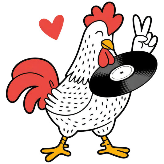 rooster, chicken, farmhouse, country, red, white, black, yellow, gold, coral red, hearts, love, vinyl record, music, whimsical, fun, cute, novelty, farm animals, barnyard, peace sign, retro, vintage, spring, summer, cheerful, playful, animal motif, decorative panel