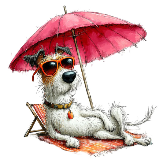 coral pink, hot pink, orange, white, tan, brown, dog, puppy, beach umbrella, sunglasses, heart-shaped sunglasses, whimsical, playful, fun, cute, animals, pets, summer, vacation, relaxation, beach theme, striped, cheerful, decorative panel, wall hanging, nursery, children's theme, funny animals, anthropomorphic