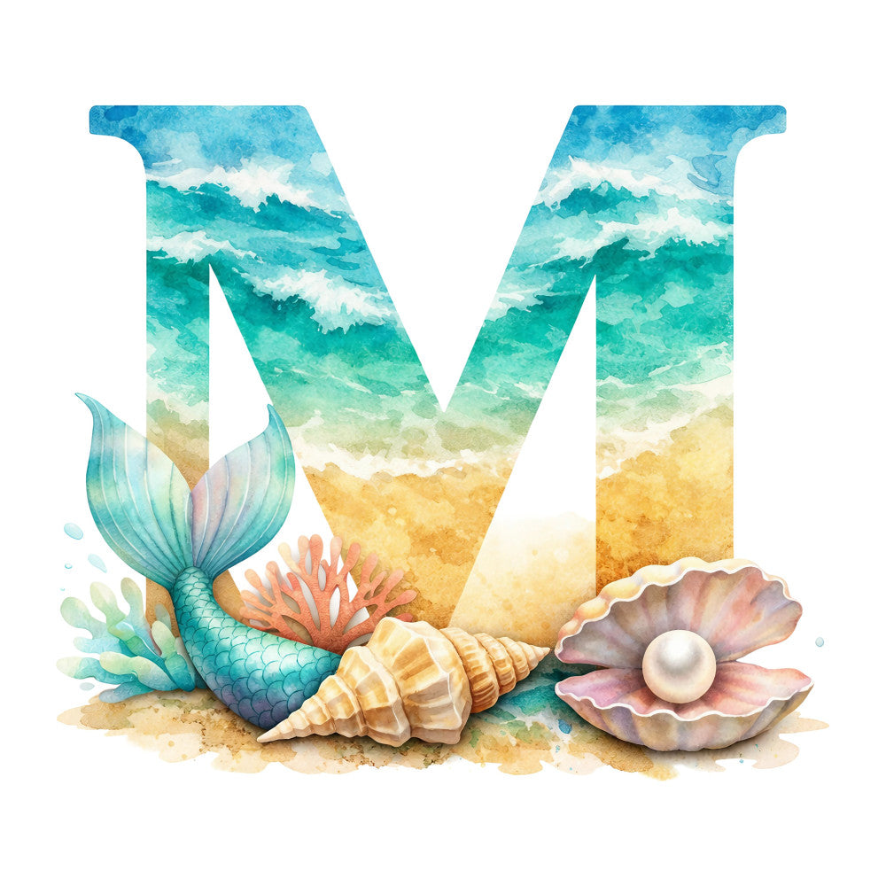 turquoise, teal, aqua blue, coral pink, sandy beige, cream, ocean waves, mermaid tail, seashells, pearl, nautical, beach theme, coastal, summer, whimsical, watercolor, gradient, ocean scene, sea life, tropical, sandy beach, shell motif, mermaid fantasy, under the sea, dreamy, fantasy theme, seaside decor, children's panel, wall hanging