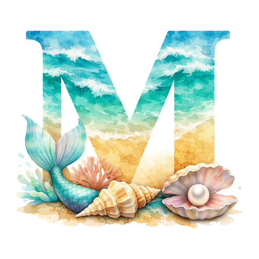 turquoise, teal, aqua blue, coral pink, sandy beige, cream, ocean waves, mermaid tail, seashells, pearl, nautical, beach theme, coastal, summer, whimsical, watercolor, gradient, ocean scene, sea life, tropical, sandy beach, shell motif, mermaid fantasy, under the sea, dreamy, fantasy theme, seaside decor, children's panel, wall hanging