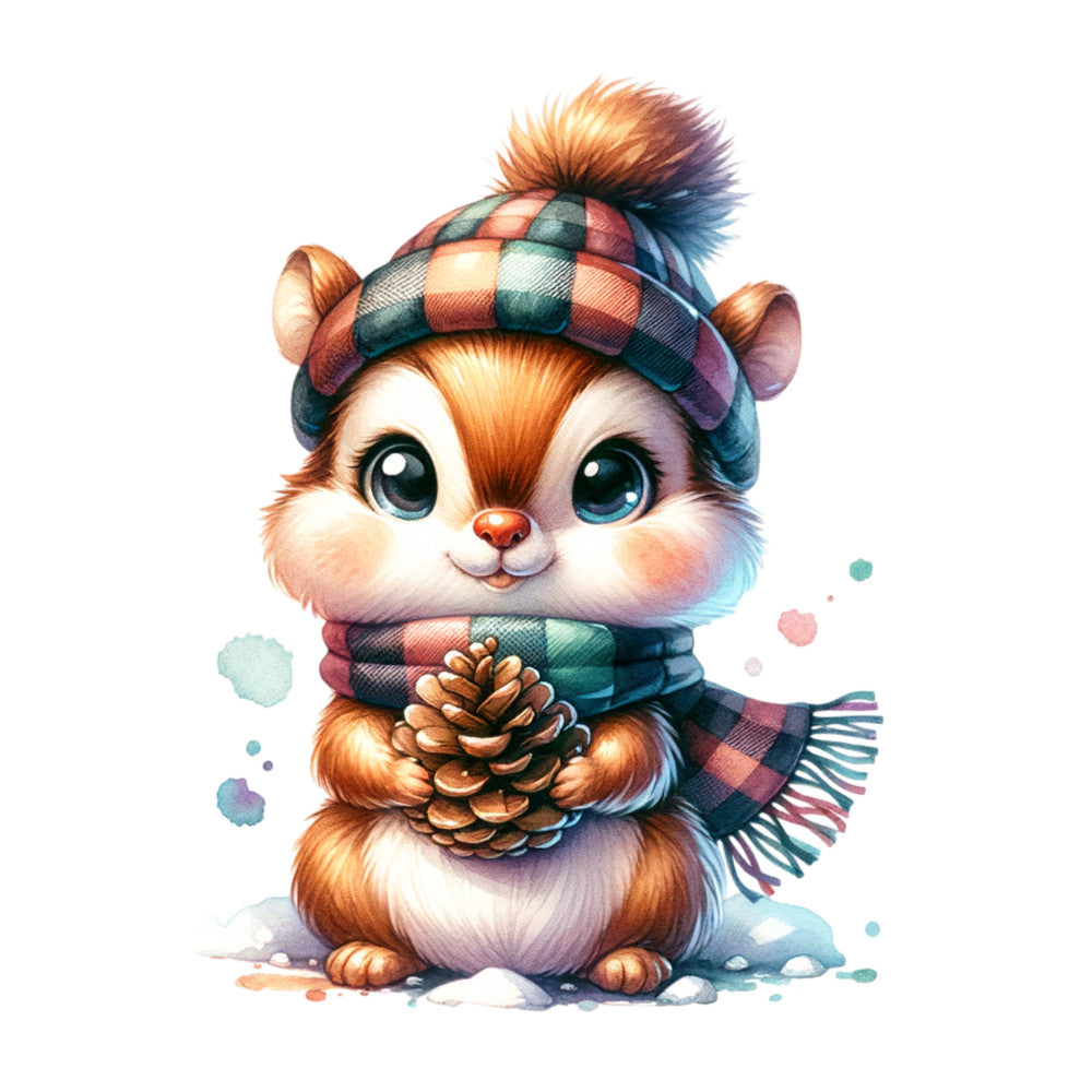 woodland animal, baby squirrel, winter clothing, knit hat, striped scarf, pine cone, orange fur, blue eyes, checkered pattern, watercolor style, cute character, fabric panel, quilting cotton, winter theme, pastel colors, teal accents, coral pink, whimsical illustration, children's fabric, nursery decor