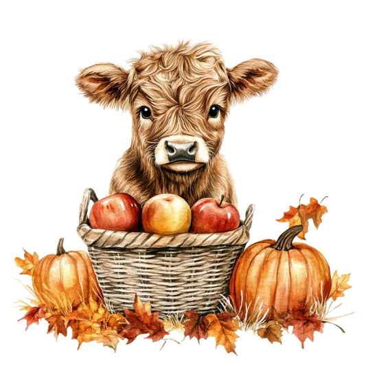 autumn, fall, harvest, highland cattle, cow, farm animals, farmhouse, rustic, whimsical, cute, cream, tan, brown, rust orange, golden yellow, red apples, pumpkins, nature, seasonal, thanksgiving, cozy, country, pastoral, woodland, animals, leaves, fall foliage, bucket basket, countryside, decorative panel