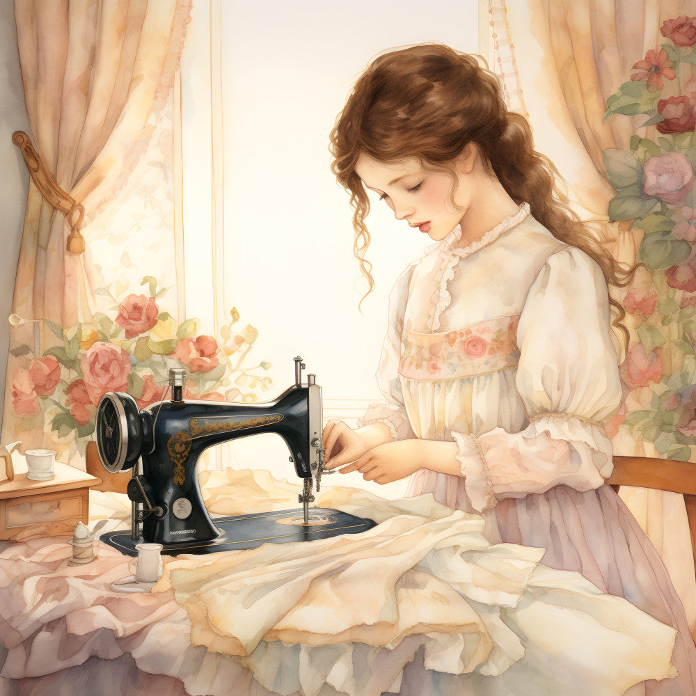 cream, soft pink, dusty rose, coral pink, peach, ivory, vintage, elegant, romantic, floral, roses, sewing machine, woman, retro, traditional, feminine, cottage core, victorian, spring, summer, pale yellow, antique, nostalgic, skilled crafts, domestic, homestead, curtains, window scene, botanical, garden