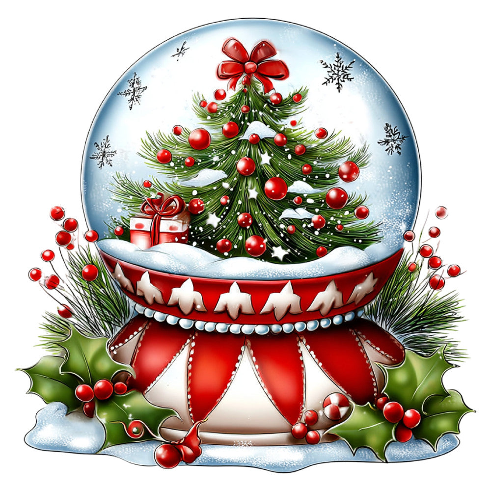 christmas, holiday, snow globe, winter, red, green, white, cream, festive, traditional, whimsical, decorative, ornaments, evergreen, pine, holly, berries, red bow, gift, snowflakes, elegant, vintage, seasonal, christmas tree, pearl accents, ornamental, december, yuletide, snow, festive decor