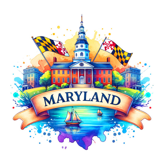 US States Retro Travel Fabric Panel 46 featuring a vibrant Maryland design with state flags, iconic architecture, and sailboats on water.