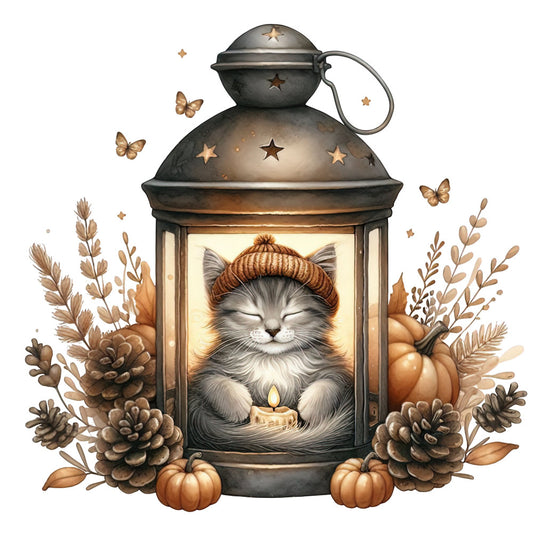 cat, autumn, fall, cozy, whimsical, warm, lantern, candle, pumpkin, pinecone, butterflies, stars, celestial, nature, woodland, rustic, harvest, cream, bronze, gold, brown, tan, beige, peaceful, serene, magical, enchanted, dried flowers, leaves, botanical