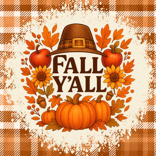 fall y'all, autumn, thanksgiving, harvest, pumpkin, sunflower, apples, leaves, fall leaves, plaid, orange, brown, cream, tan, burnt orange, rustic, farmhouse, country, folk art, whimsical, nature, seasonal, fall decor, wall hanging, home décor, traditional, warm tones, acorns, berries