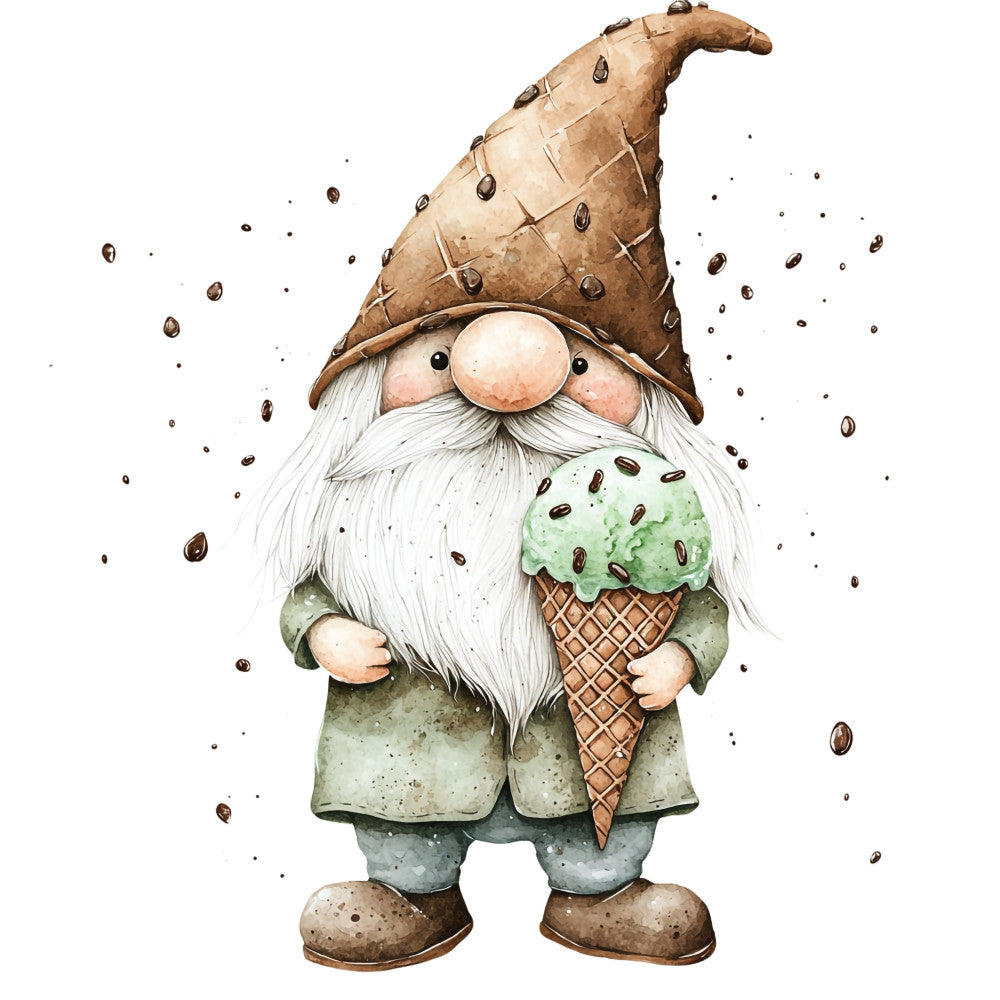 gnome, whimsical, garden gnome, mint green, sage green, cream, white, tan, brown, coffee beans, ice cream cone, pistachio, rustic, folk art, scandinavian, woodland, fairytale, storybook, vintage, retro, charming, quirky, playful, decorative, wall art, children's, kids, summer, sweet treat, dessert themed