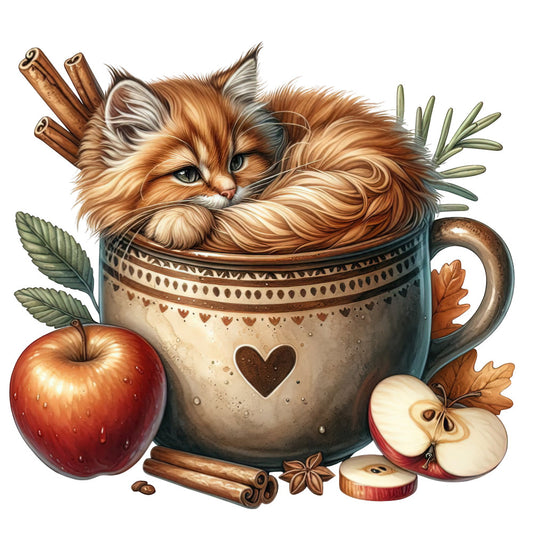 fluffy cat, adorable kitten, cozy mug, autumn aesthetic, fall theme, cinnamon sticks, star anise, apple slices, rustic charm, whimsical style, cottage core, warm earth tones, burnt orange, cream, chocolate brown, sage green, heart motif, seasonal decor, spiced beverages, vintage kitchen, farmhouse style, nature inspired, autumn spices, comfort theme, decorative arts, adorable animals, fuzzy creatures, warm color palette, thanksgiving, fall harvest