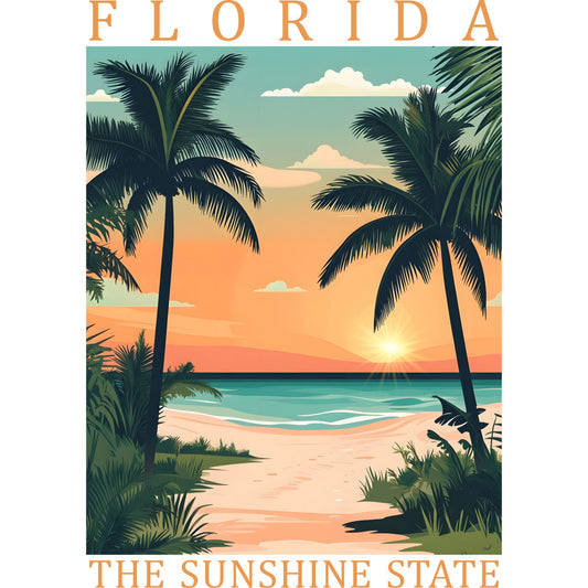 florida, sunshine state, tropical beach, palm trees, sunset, ocean waves, turquoise water, orange sky, peach clouds, sandy beach, coastal scene, vintage poster style, fabric panel, quilting cotton, summer theme, vacation vibes, retro illustration, paradise landscape, warm colors, peaceful seascape