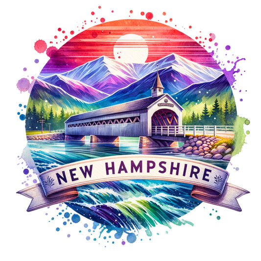 US States Retro Travel Fabric Panel 16 featuring New Hampshire covered bridge with mountains and river in vibrant watercolor design.
