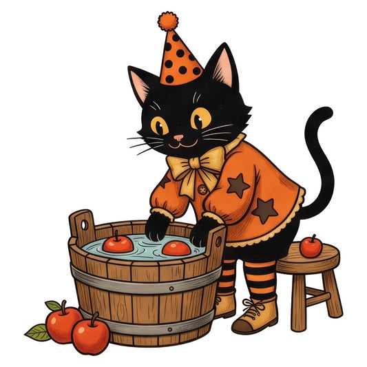 black cat, orange, gold, autumn, halloween, witch, party hat, festive, whimsical, cat lover, animal, striped, stars, apples, bob for apples, seasonal, fall, playful, cute, children's, novelty, vintage style, folk art, rustic, fun, cheerful, character print, themed panel