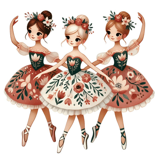 ballet dancers, ballerina, floral, flowers, roses, botanical, coral pink, dusty rose, cream, forest green, dark green, whimsical, vintage, elegant, feminine, spring, summer, romantic, storybook, illustration, children's, sweet, graceful, nature, leaves, foliage, appliqué style, decorative panel, girl's quilt, nursery