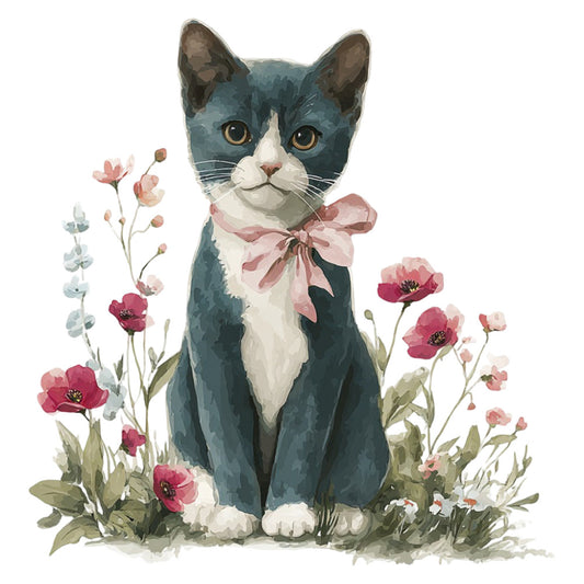 cat, tuxedo cat, floral, flowers, peonies, pink flowers, deep teal, slate blue, white, dusty rose, mauve, botanical, nature, whimsical, elegant, spring, summer, garden, cat with bow, ribbon, animal lover, pet themed, cottage style, feminine, delicate, watercolor style, decorative panel, home decor, nature inspired, romantic