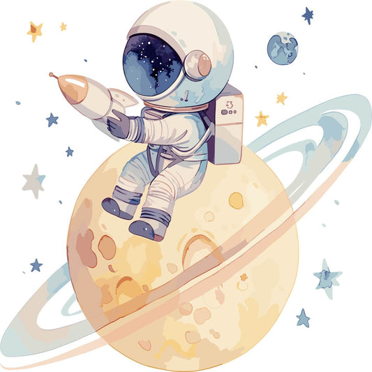astronaut, space exploration, celestial, stars, planets, moon, whimsical, children's, baby, nursery, rocket ship, cosmic, navy blue, cream, soft yellow, pale blue, peach, soft pastels, adventure, exploration, boys, kids, playful, dreamy, illustrated, character panel, space theme, galaxy, cute, playroom