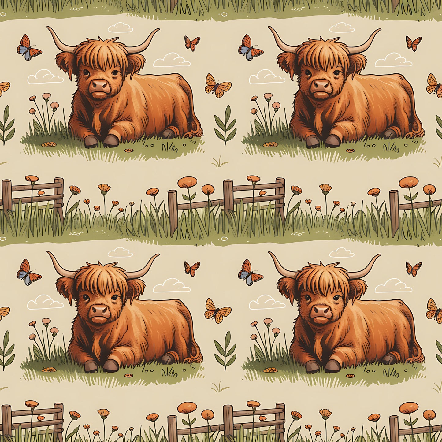 Cartoon Highland Cows Pattern 15 Quilting Cotton Fabric