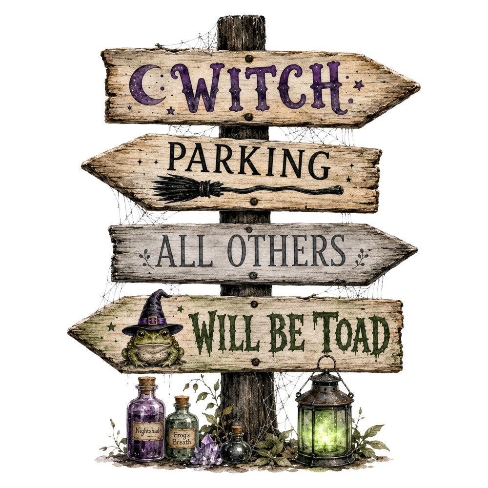 witch parking sign, purple moon, forest green, cream beige, black accents, whimsical, witchy, halloween, celestial, stars, broomstick, toad frog, witch hat, potion bottles, lantern, rustic, vintage, magical, spooky, nature elements, woodland, enchanted, supernatural, dark academia, alternative, gothic whimsy, wall hanging, novelty print, directional signage