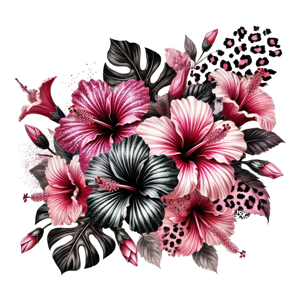 hot pink, magenta, deep pink, blush pink, black, charcoal gray, white, floral, hibiscus, tropical, nature, botanical, leopard print, animal print, modern, contemporary, elegant, artistic, sophisticated, bold, vibrant, summer, garden, flowers, petals, leaves, monstera, glitter, sparkle, decorative