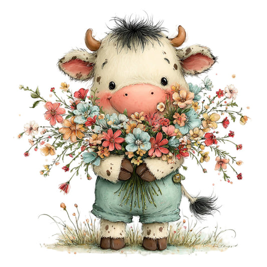 cow, farm animal, floral, wildflower, cottage core, whimsical, farmhouse, pastoral, spring, summer, cream, sage green, coral pink, dusty rose, golden yellow, soft colors, watercolor, illustration, character, cute animal, rustic, nature, botanical, flower bouquet, children's, nursery, storybook, folk art, countryside, adorable
