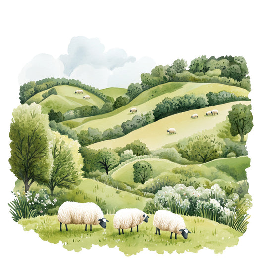 sheep, countryside, pastoral scene, rolling hills, green landscape, white sheep, black faces, trees, grass fields, rural farm, grazing animals, bucolic setting, nature scene, farm animals, meadow, hillside, fabric panel, quilting cotton, watercolor style, spring theme