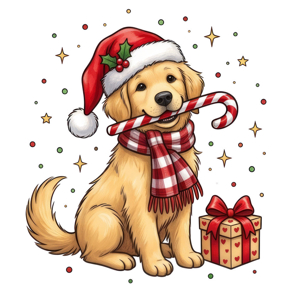 golden retriever, christmas dog, holiday, festive, santa hat, candy cane, red and white, cream, gold, green, red ornaments, stars, gift box, red plaid scarf, whimsical, cute animals, dog lover, christmas theme, winter holiday, seasonal, cheerful, playful, traditional christmas, decorative motifs, four-legged friends, pet themed, holly berries, sparkly stars, joyful