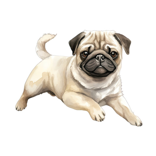 Watercolor Pug Fabric Panel 36 showing a detailed and soft artistic illustration of a playful pug dog on premium quilting cotton fabric.
