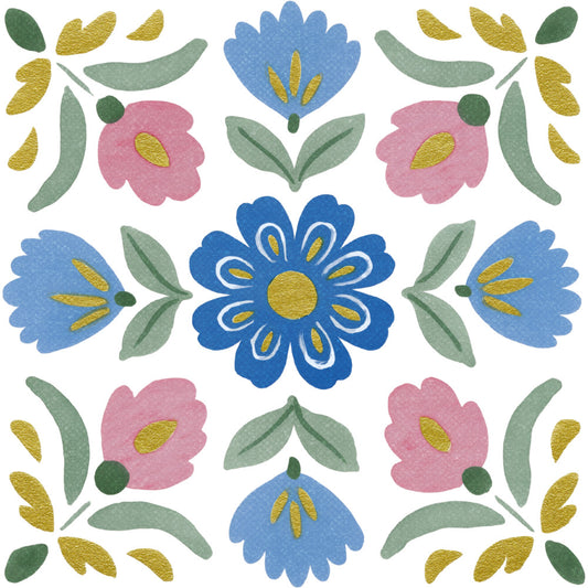floral, botanical, blue flowers, pink flowers, gold accents, sage green, forest green, dusty rose, cornflower blue, navy blue, yellow gold, symmetrical, folk art, traditional, whimsical, spring, summer, nature, leaves, petals, geometric florals, cottage core, farmhouse, vintage, hand-painted, decorative panel, wall hanging, home decor, quilting cotton