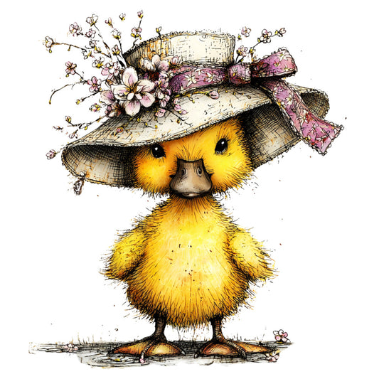 yellow duck, cute animals, spring, baby, floral, pink flowers, straw hat, whimsical, children's, nature, farmhouse, cottage core, easter, baby quilt, wall hanging, cream, soft yellow, mauve pink, botanical, baby animals, nursery, illustration style, vintage inspired, sweet, adorable, young animal, decorative panel, springtime, pastoral