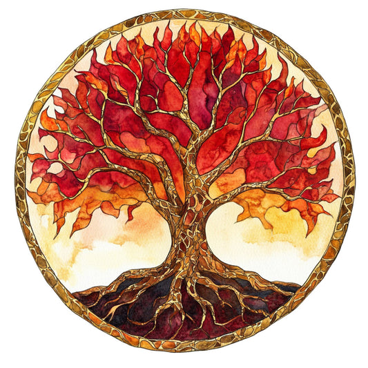 autumn tree, fall foliage, tree of life, red leaves, orange leaves, golden yellow, burnt orange, deep red, wine burgundy, nature themed, woodland, seasonal, fall colors, harvest theme, circular design, tree branches, roots, elegant style, traditional pattern, rustic aesthetic, autumn aesthetic, warm tones, watercolor style, decorative border, wall hanging, home decor, thanksgiving theme, autumn harvest